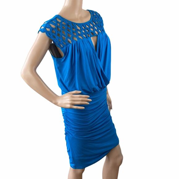 Anthropologie Plenty By Tracy Reece Women's Blue Macramé Pleated Bodycon Dress L - Picture 7 of 9